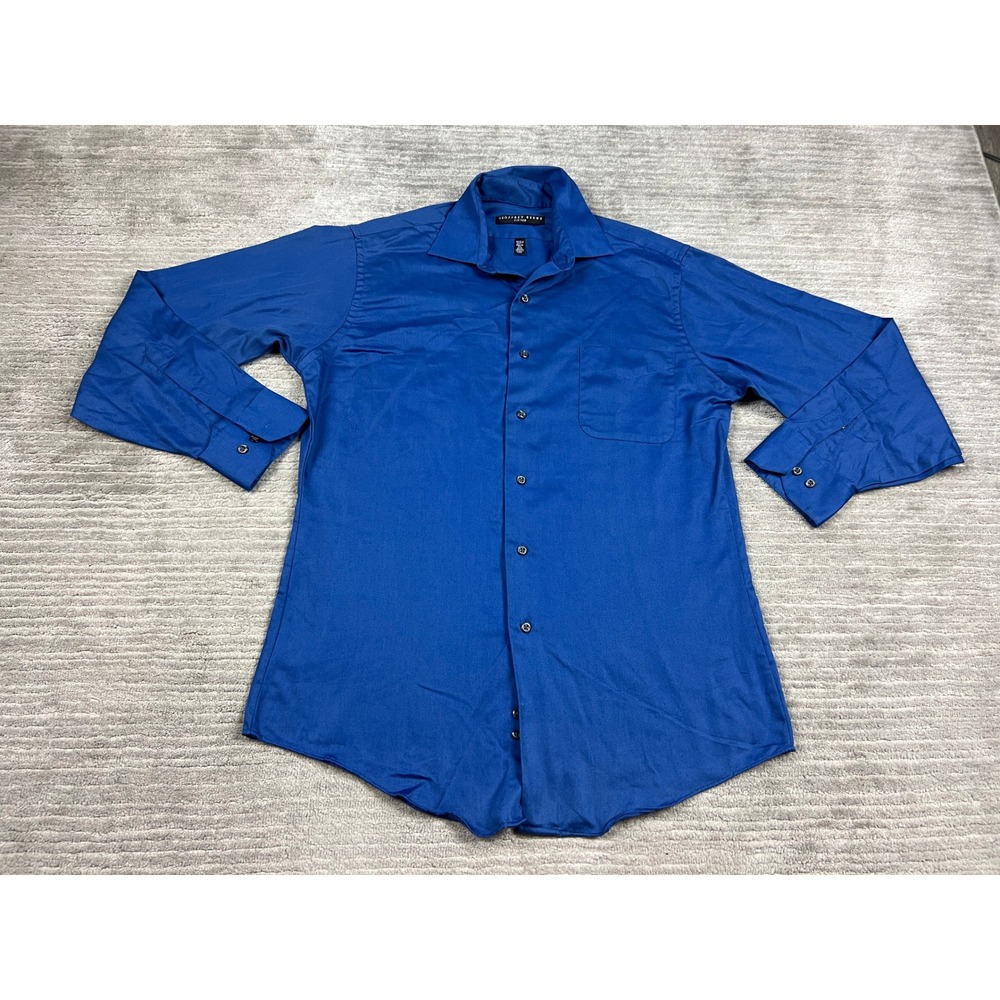 Geoffrey Beene Dress Shirt Men Medium Blue Fitted Solid Wrinkle Free Long Sleeve